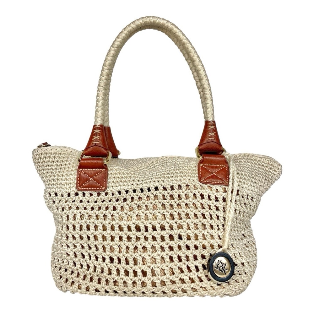 The Sak Cambria Crochet Tote Bag Gold Lined Boho Woven Shoulder Purse - Picture 4 of 13
